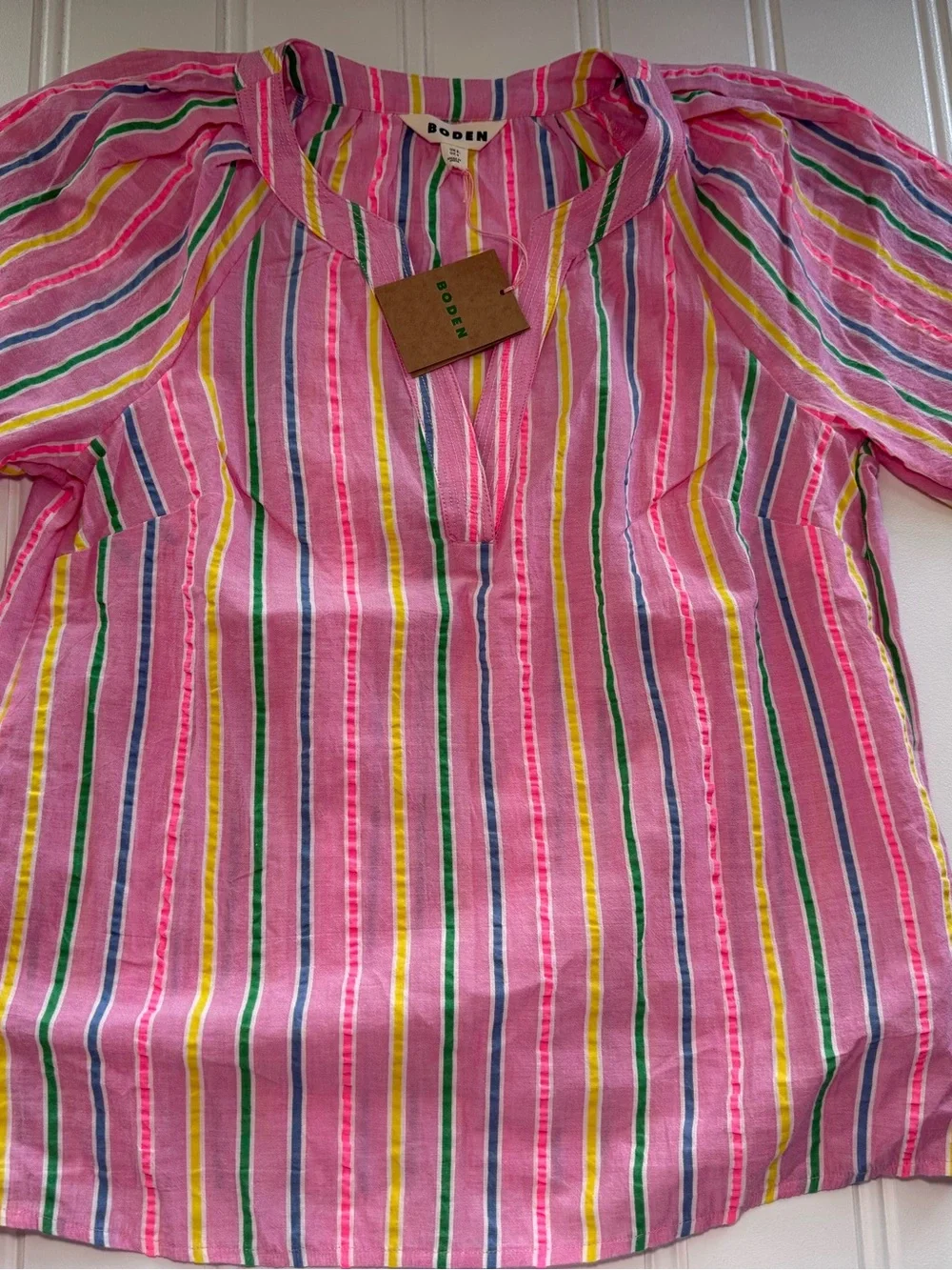 Boden Brooke Cotton Top Pink Striped Puff Sleeve Blouse US 4 NEW 3129